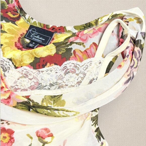 VTG Y2K Asymmetrical Floral Beaded Slip Midi Dress Cowl Lace Cottagecore Fairy M - Picture 5 of 9